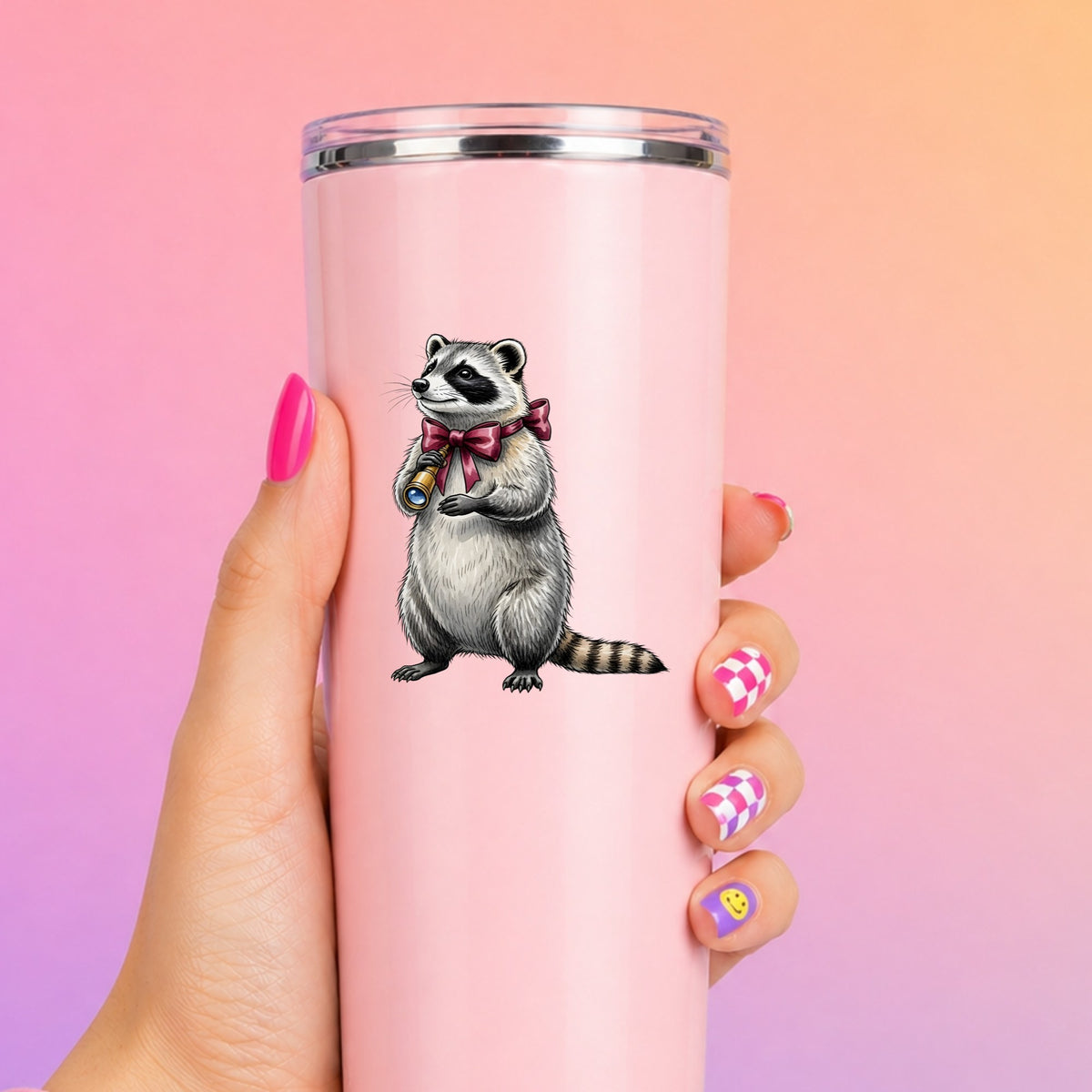 Raccoon With Spyglass Red Bow UV DTF sticker applied to a tall pink tumbler on a pink and orange background