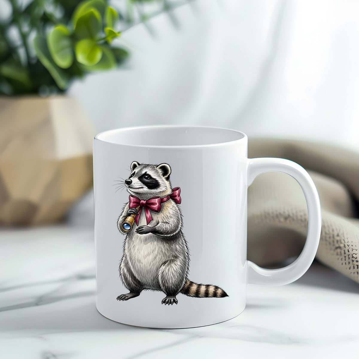 Raccoon With Spyglass Red Bow UV DTF sticker applied to a white coffee mug