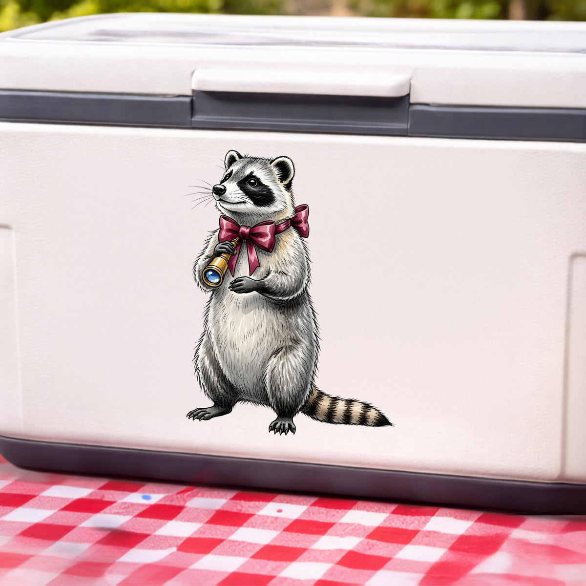Raccoon With Spyglass Red Bow UV DTF sticker applied to a white cooler on a red gingham cloth