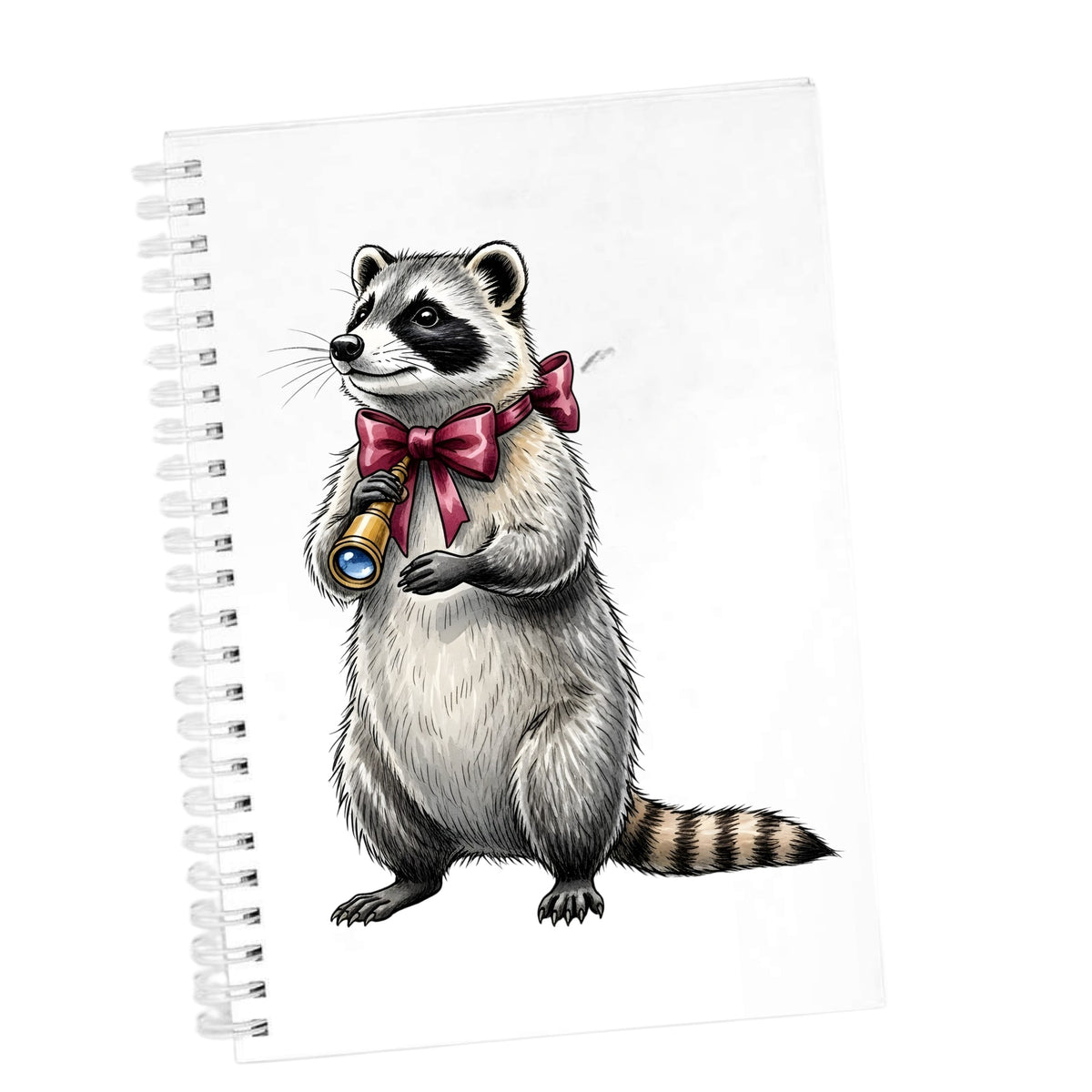 Raccoon With Spyglass Red Bow UV DTF sticker applied to the cover of a white spiral journal