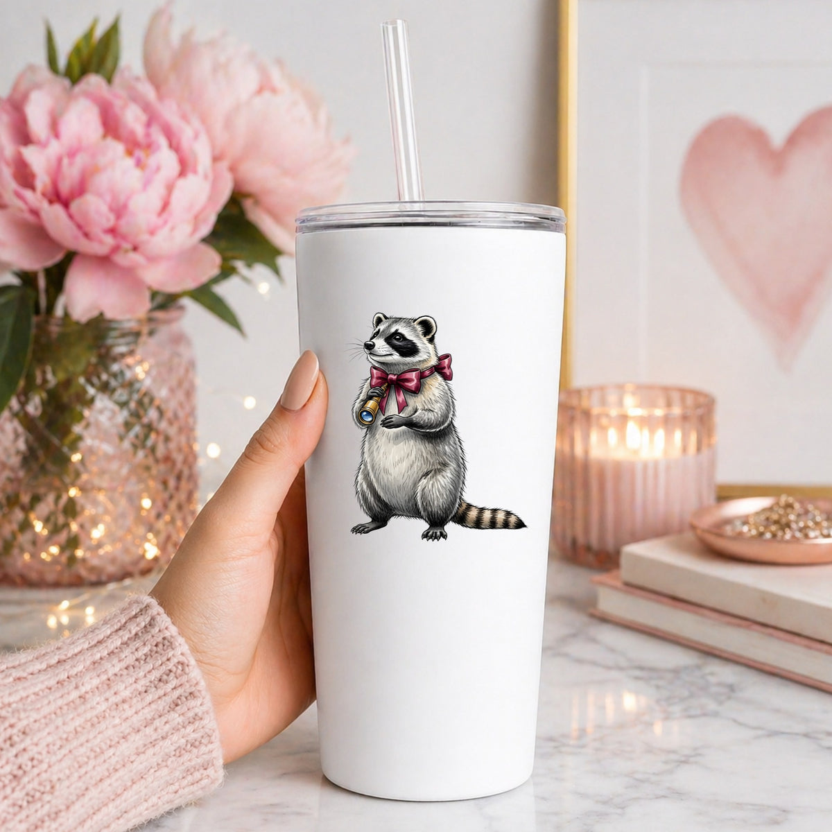 Raccoon With Spyglass Red Bow UV DTF sticker applied to a white straw tumbler beside pink peonies