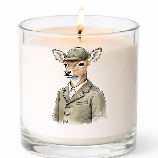 Deer In Tweed Cap Jacket UV DTF sticker applied to a white candle in a clear glass jar