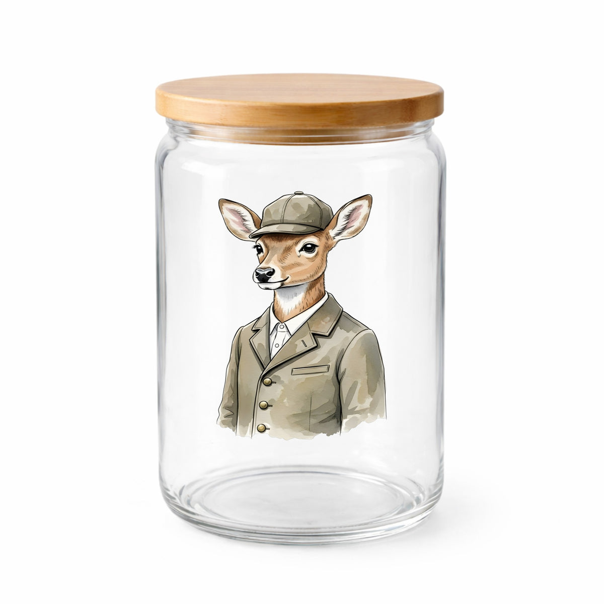 Deer In Tweed Cap Jacket UV DTF sticker applied to a clear glass jar with a wooden lid