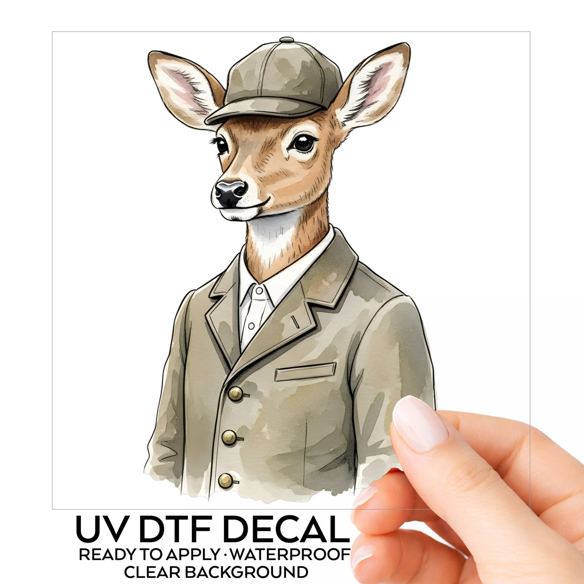 Deer In Tweed Cap Jacket UV DTF sticker on its backing card, held in hand