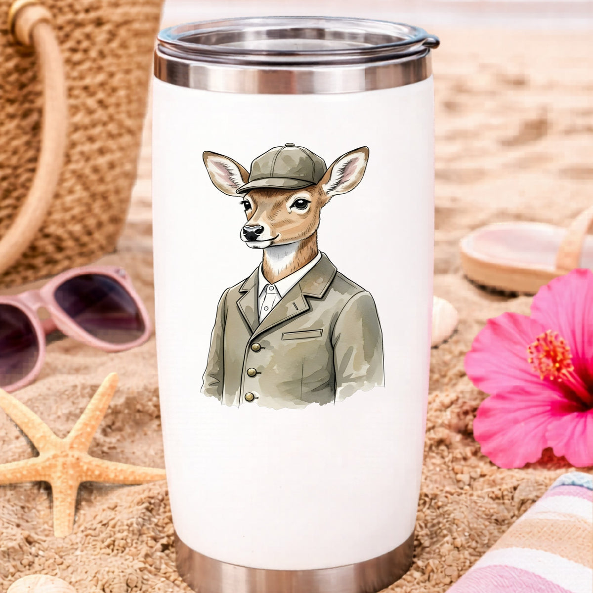 Deer In Tweed Cap Jacket UV DTF sticker applied to a white travel tumbler on beach sand