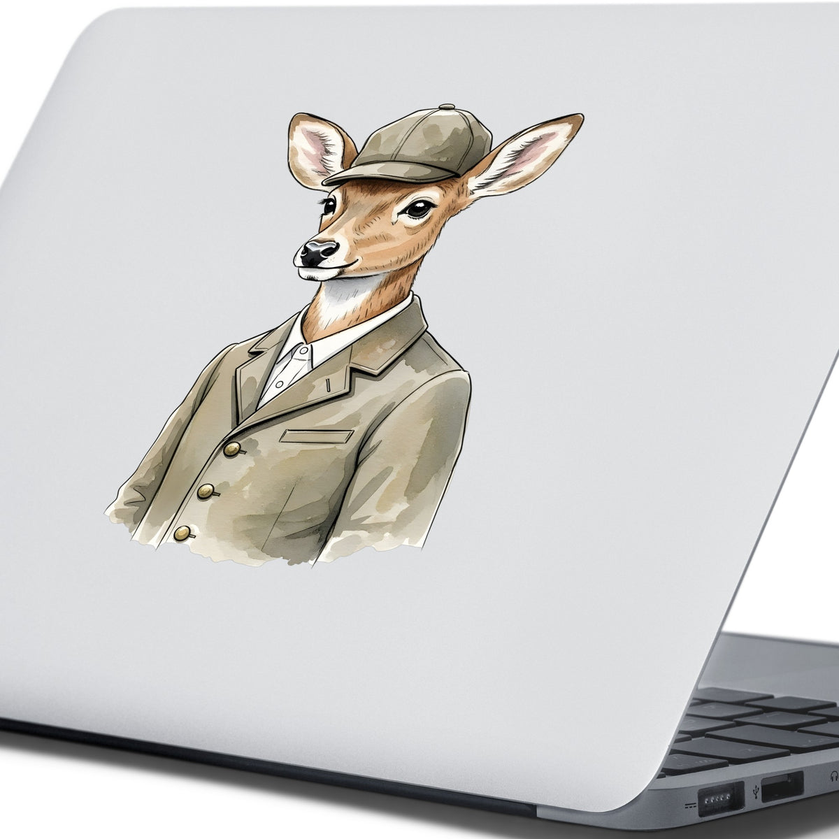 Deer In Tweed Cap Jacket UV DTF sticker applied to the lid of a silver laptop