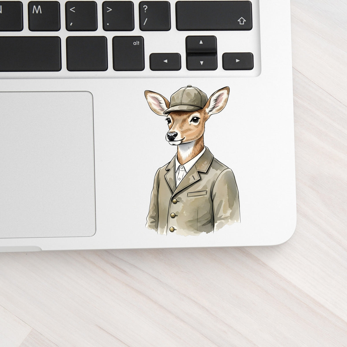 Deer In Tweed Cap Jacket UV DTF sticker applied to a silver laptop beside the keyboard