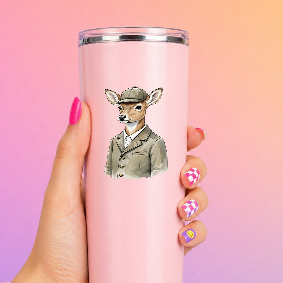 Deer In Tweed Cap Jacket UV DTF sticker applied to a tall pink tumbler on a pink and orange background