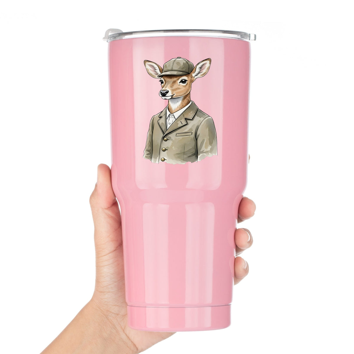Deer In Tweed Cap Jacket UV DTF sticker applied to a pink tumbler held against a white background