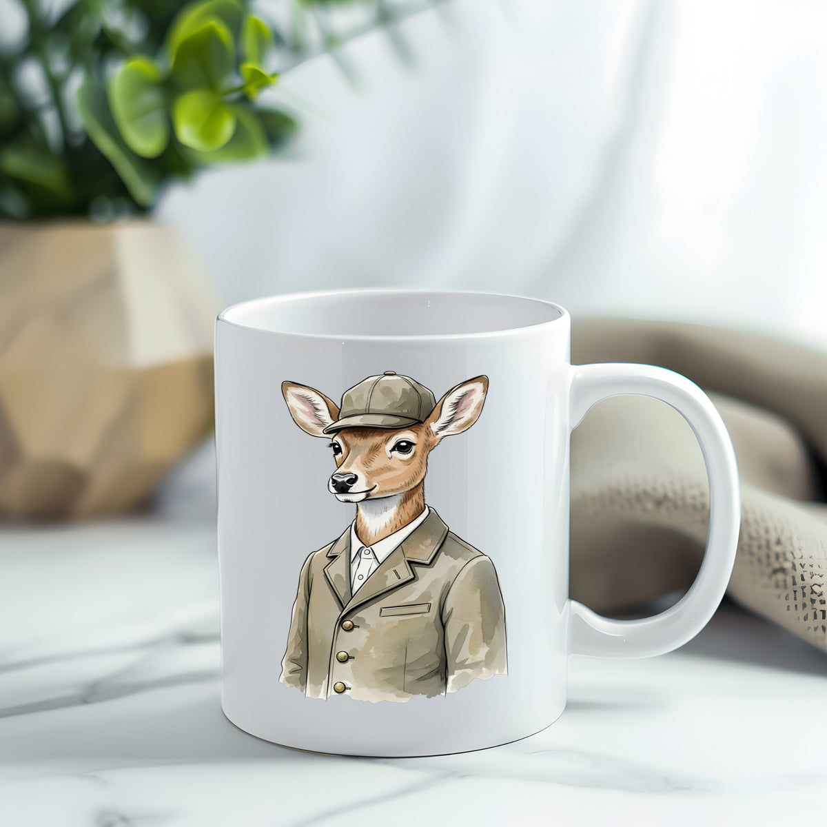 Deer In Tweed Cap Jacket UV DTF sticker applied to a white coffee mug