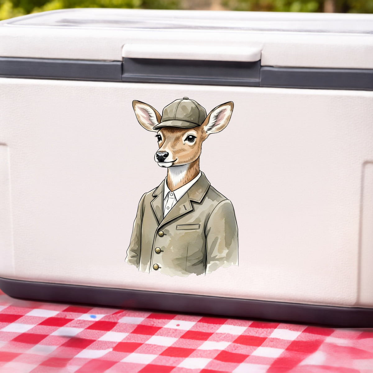 Deer In Tweed Cap Jacket UV DTF sticker applied to a white cooler on a red gingham cloth