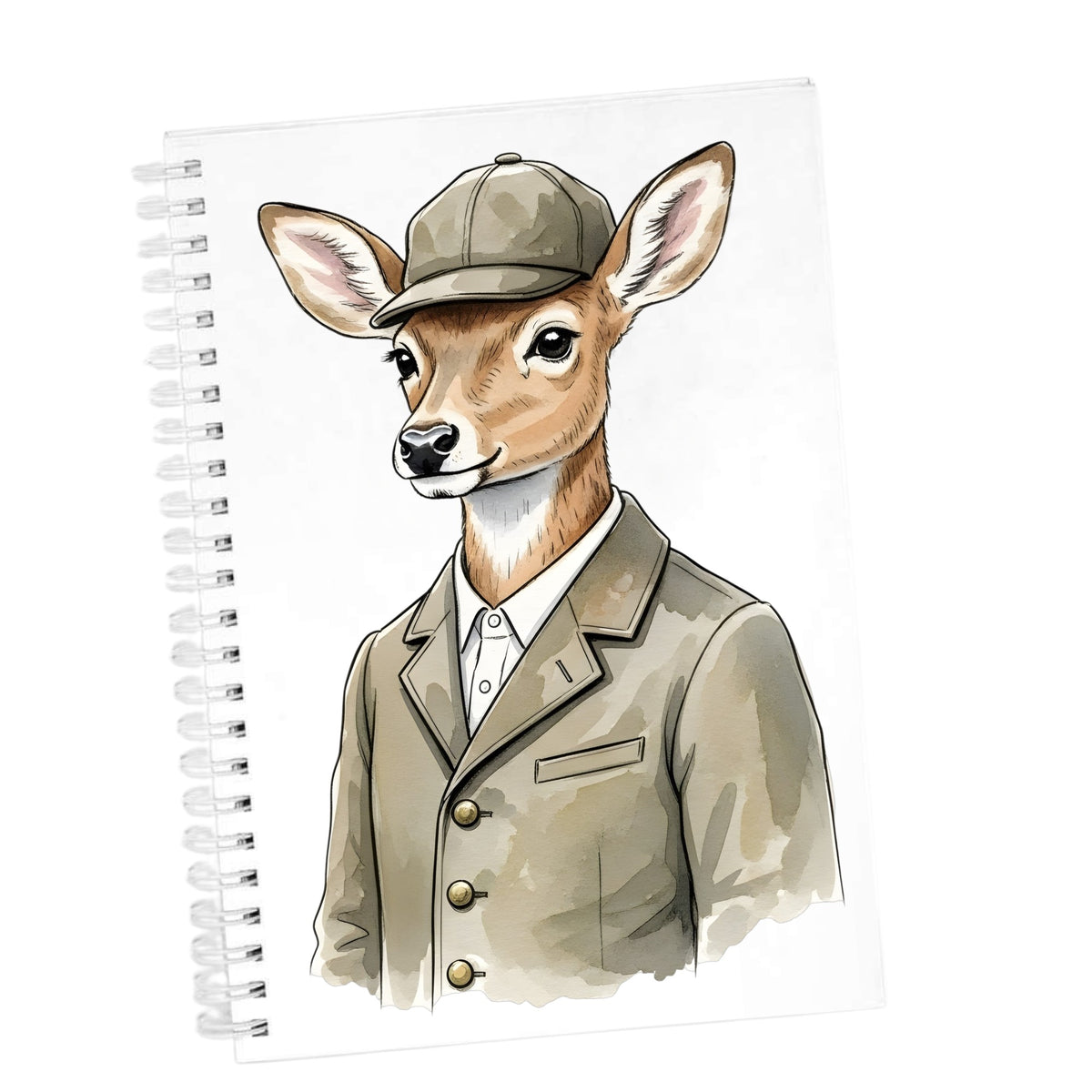 Deer In Tweed Cap Jacket UV DTF sticker applied to the cover of a white spiral journal
