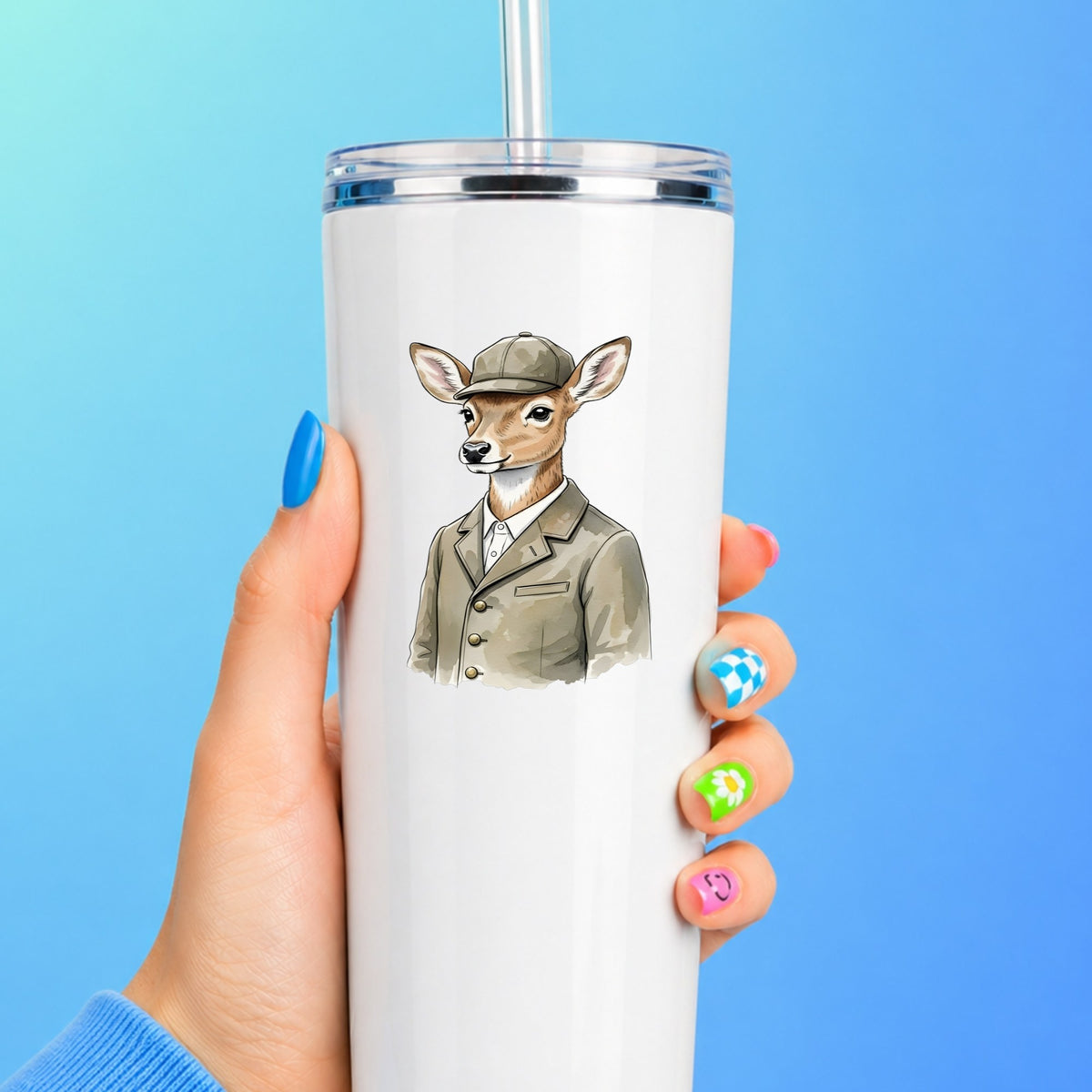 Deer In Tweed Cap Jacket UV DTF sticker applied to a white straw tumbler on a blue background