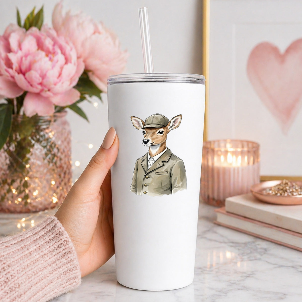 Deer In Tweed Cap Jacket UV DTF sticker applied to a white straw tumbler beside pink peonies