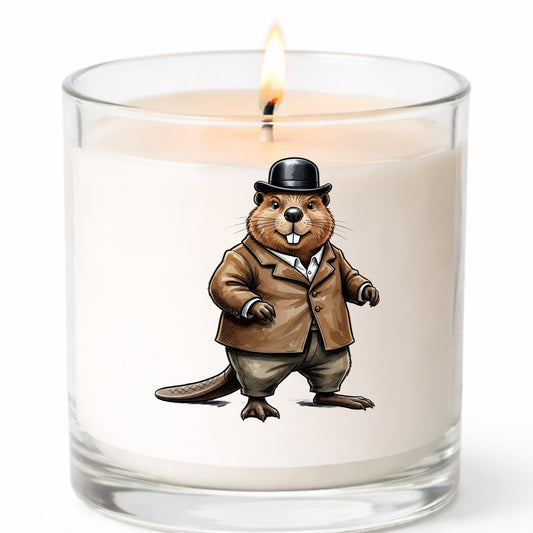 Beaver In Bowler Hat UV DTF sticker applied to a white candle in a clear glass jar