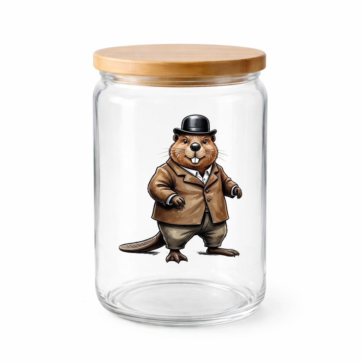 Beaver In Bowler Hat UV DTF sticker applied to a clear glass jar with a wooden lid