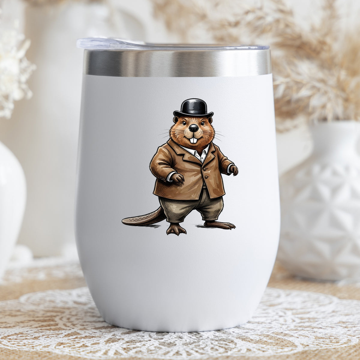 Beaver In Bowler Hat UV DTF sticker applied to a white stemless tumbler with a lid