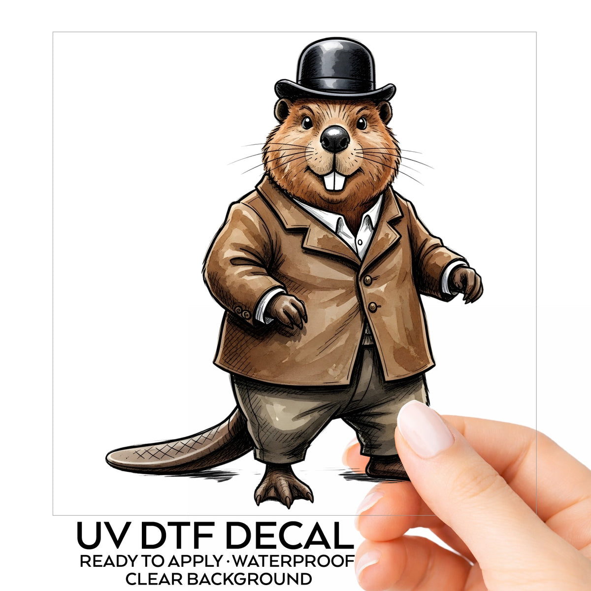 Beaver In Bowler Hat UV DTF sticker on its backing card, held in hand