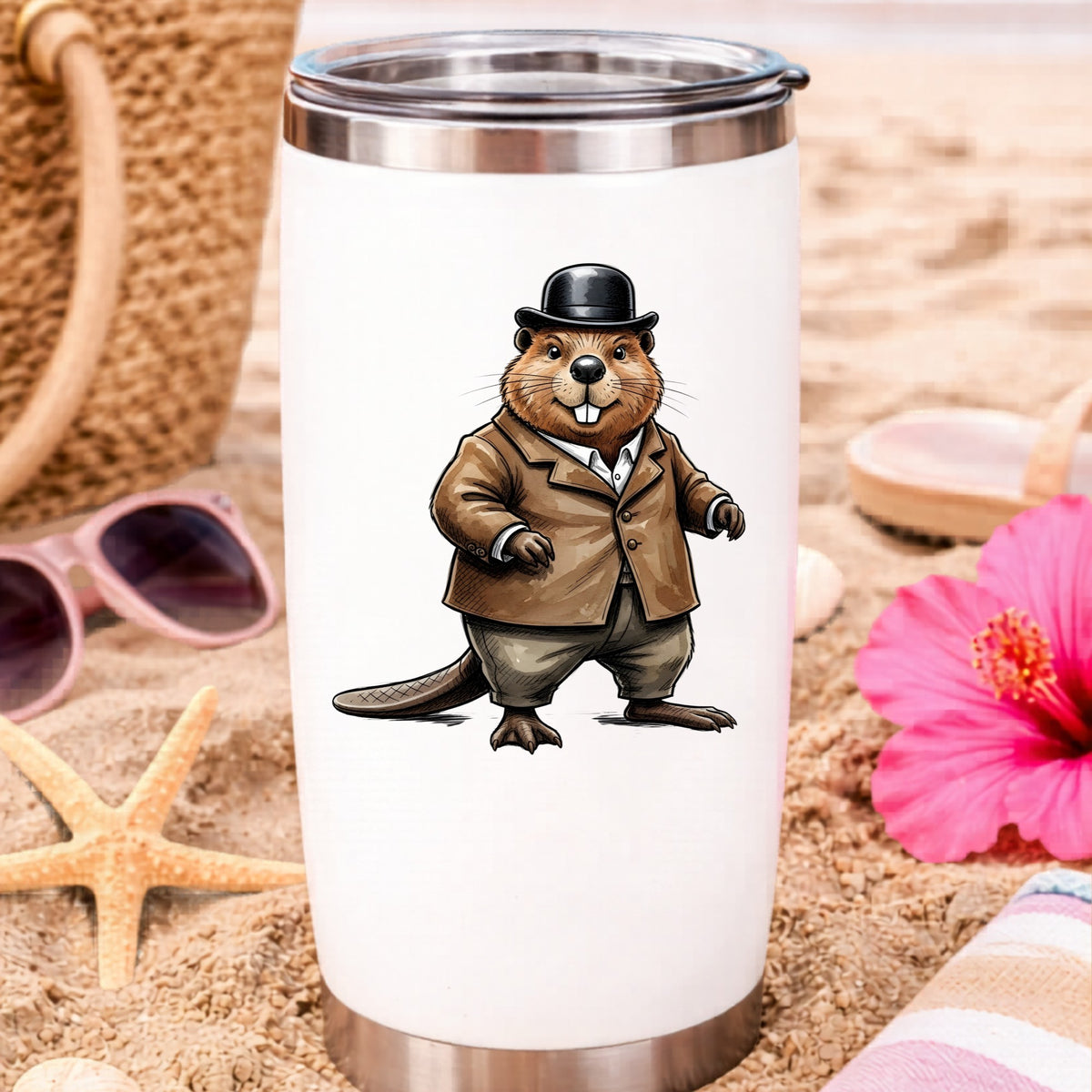 Beaver In Bowler Hat UV DTF sticker applied to a white travel tumbler on beach sand