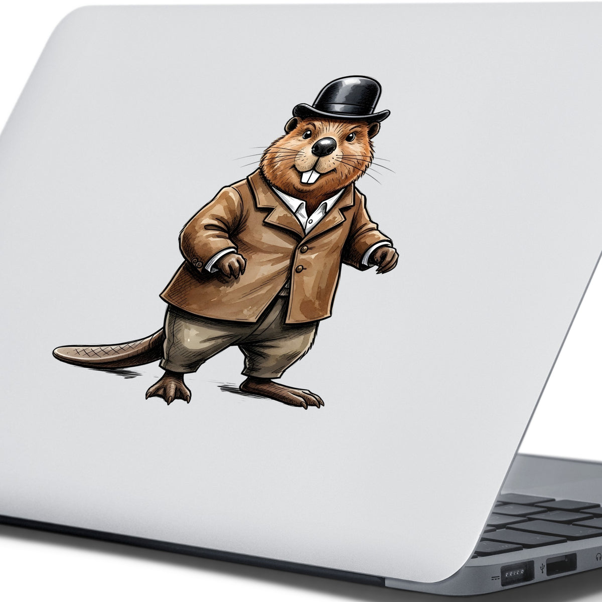 Beaver In Bowler Hat UV DTF sticker applied to the lid of a silver laptop