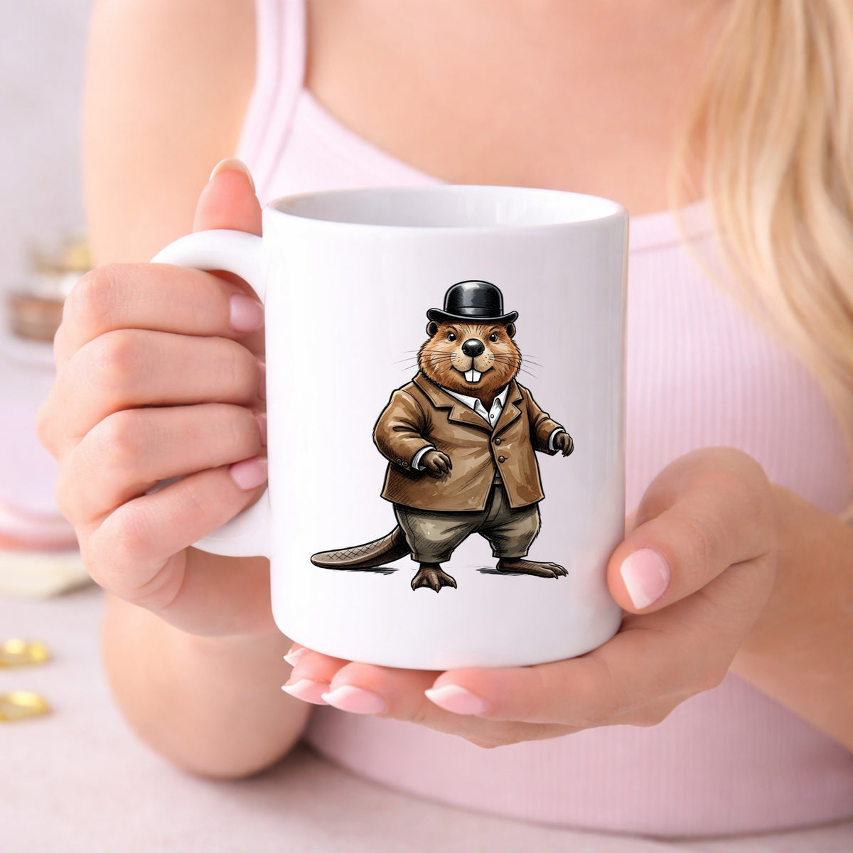 Beaver In Bowler Hat UV DTF sticker applied to a white coffee mug held in both hands
