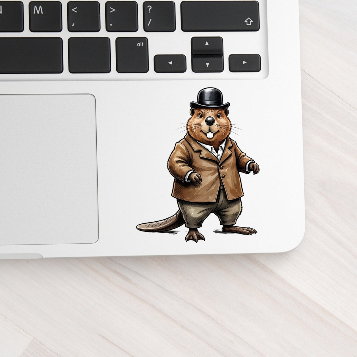 Beaver In Bowler Hat UV DTF sticker applied to a silver laptop beside the keyboard