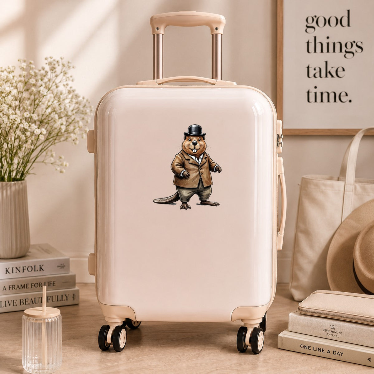 Beaver In Bowler Hat UV DTF sticker applied to a cream carry-on suitcase