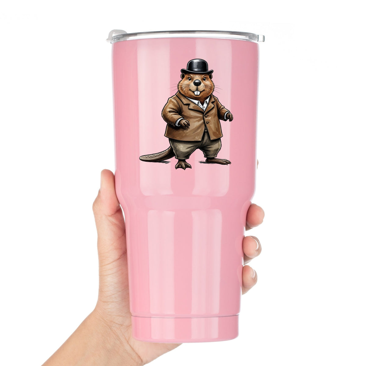 Beaver In Bowler Hat UV DTF sticker applied to a pink tumbler held against a white background