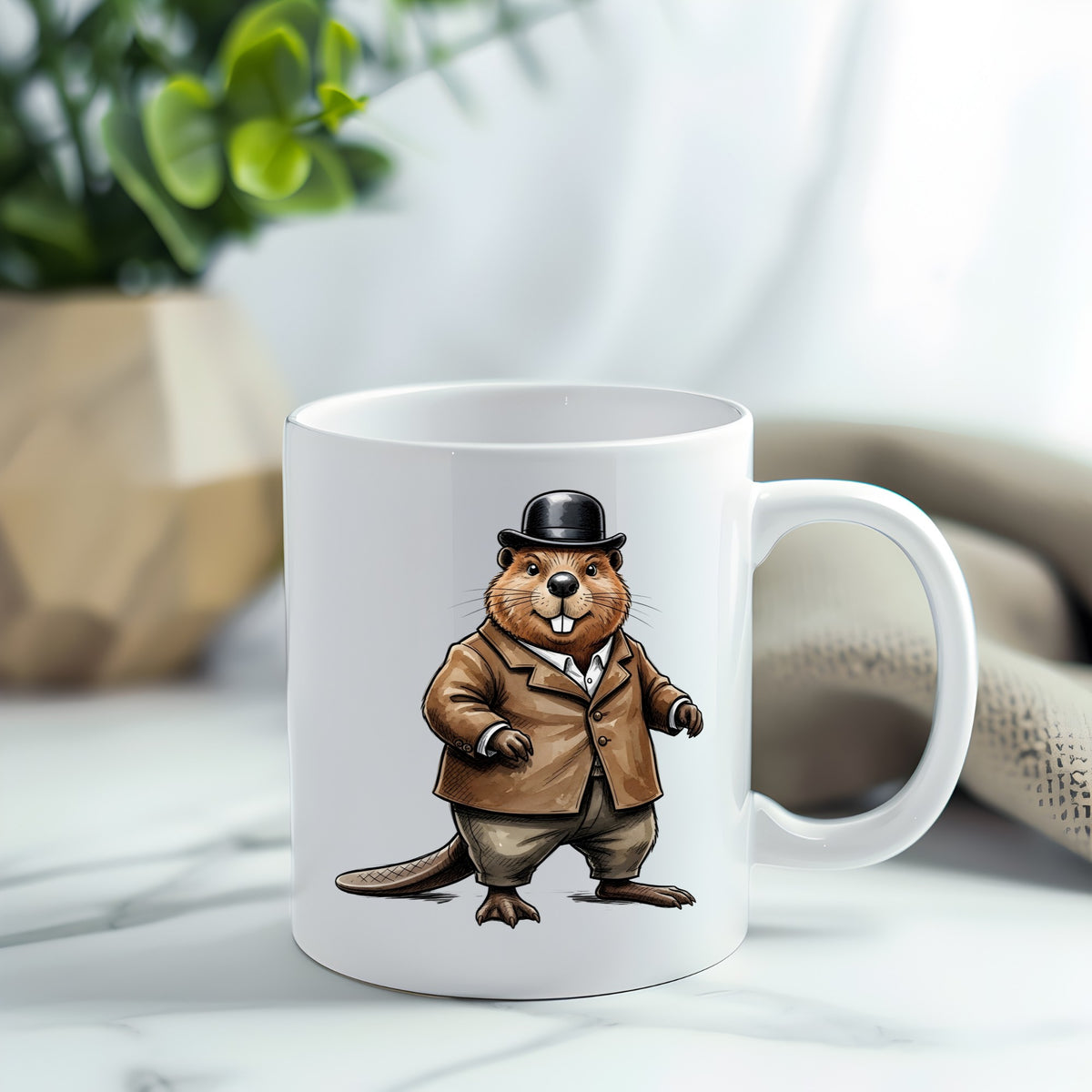 Beaver In Bowler Hat UV DTF sticker applied to a white coffee mug