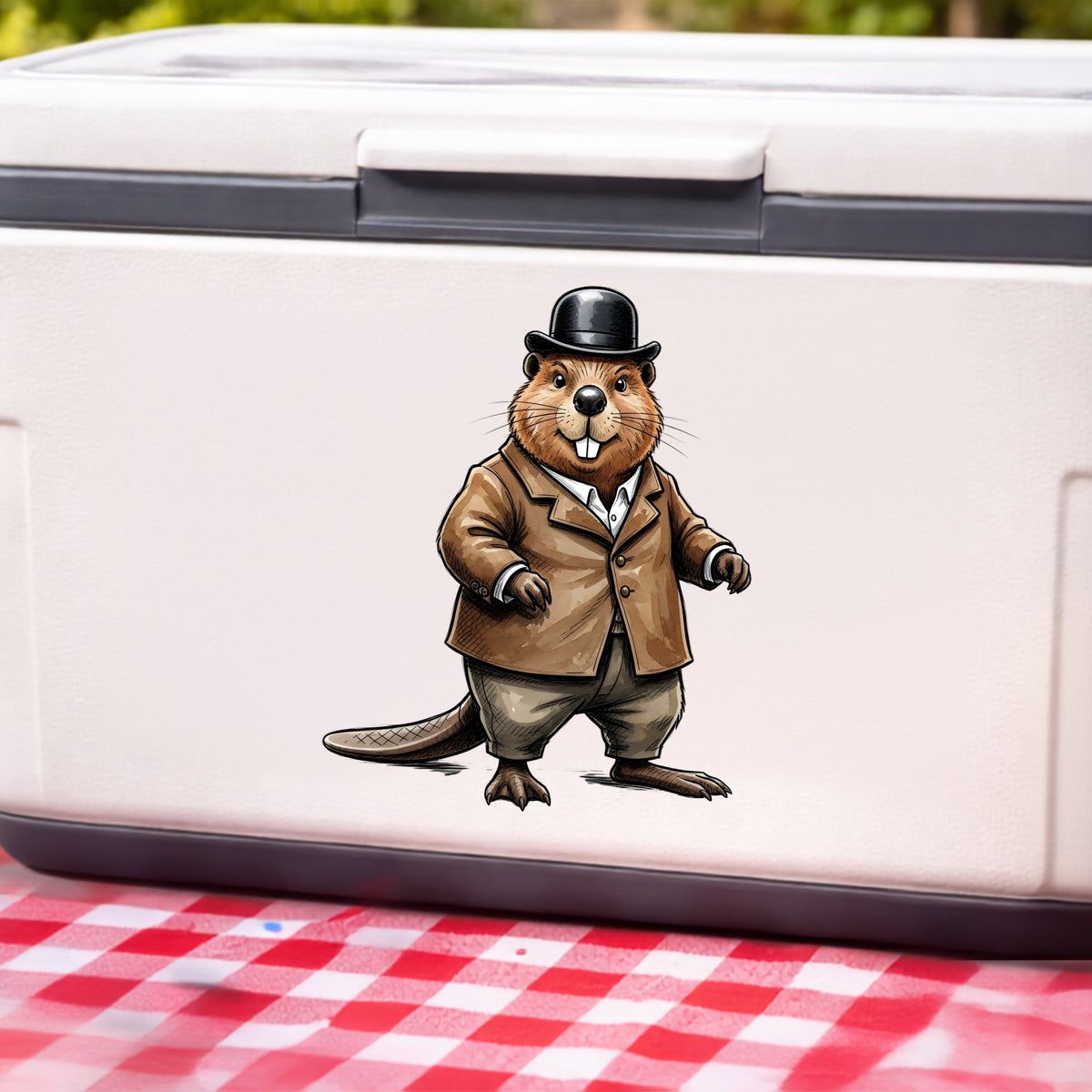 Beaver In Bowler Hat UV DTF sticker applied to a white cooler on a red gingham cloth
