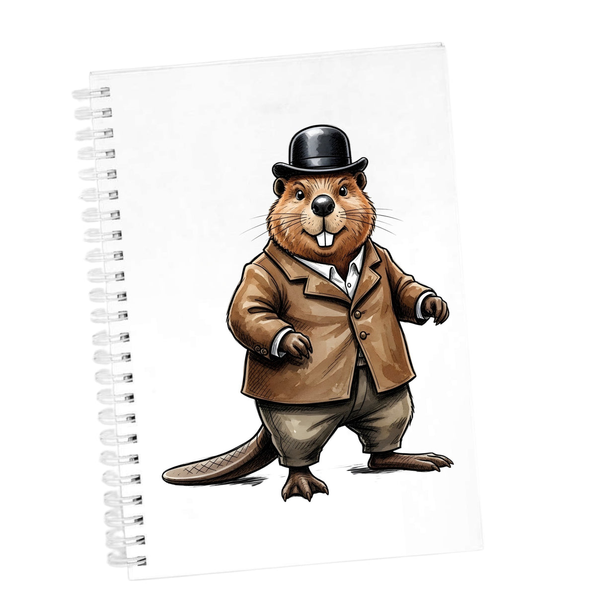 Beaver In Bowler Hat UV DTF sticker applied to the cover of a white spiral journal