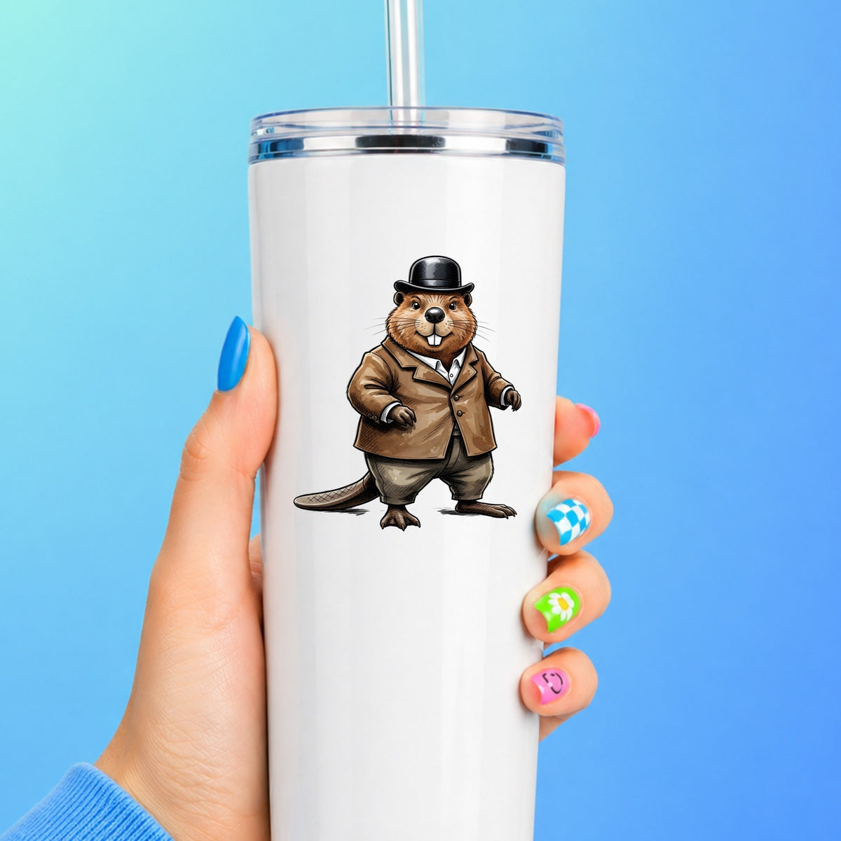 Beaver In Bowler Hat UV DTF sticker applied to a white straw tumbler on a blue background