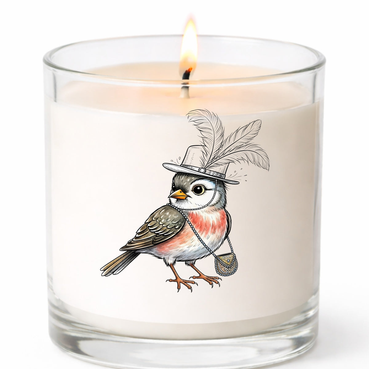 Fancy Bird Feather Hat Purse UV DTF sticker applied to a white candle in a clear glass jar