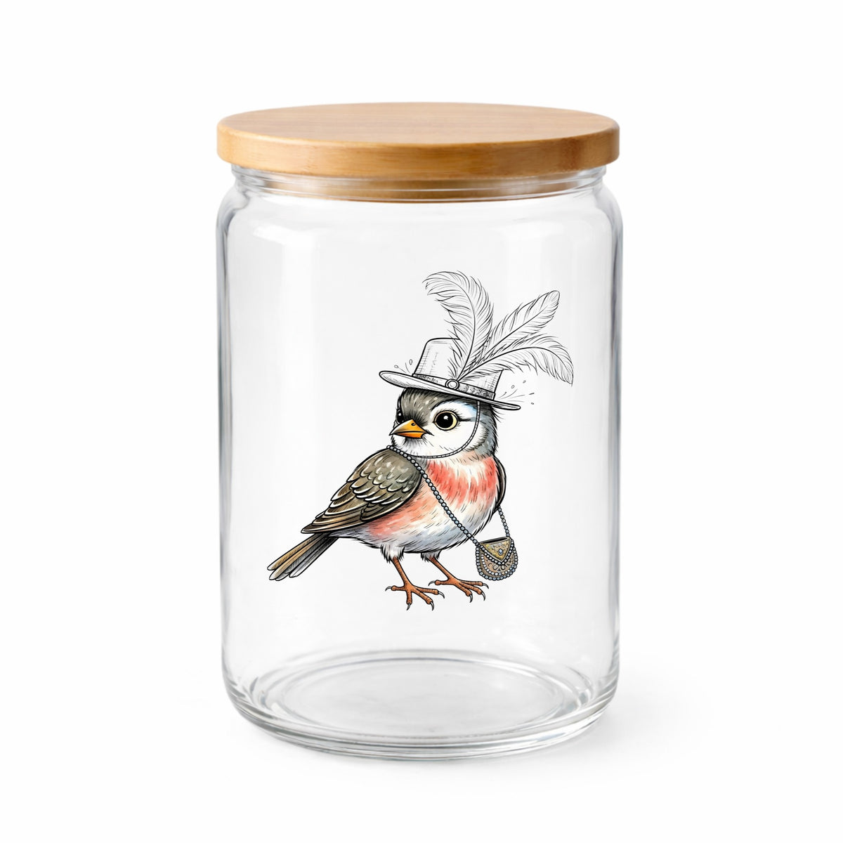 Fancy Bird Feather Hat Purse UV DTF sticker applied to a clear glass jar with a wooden lid
