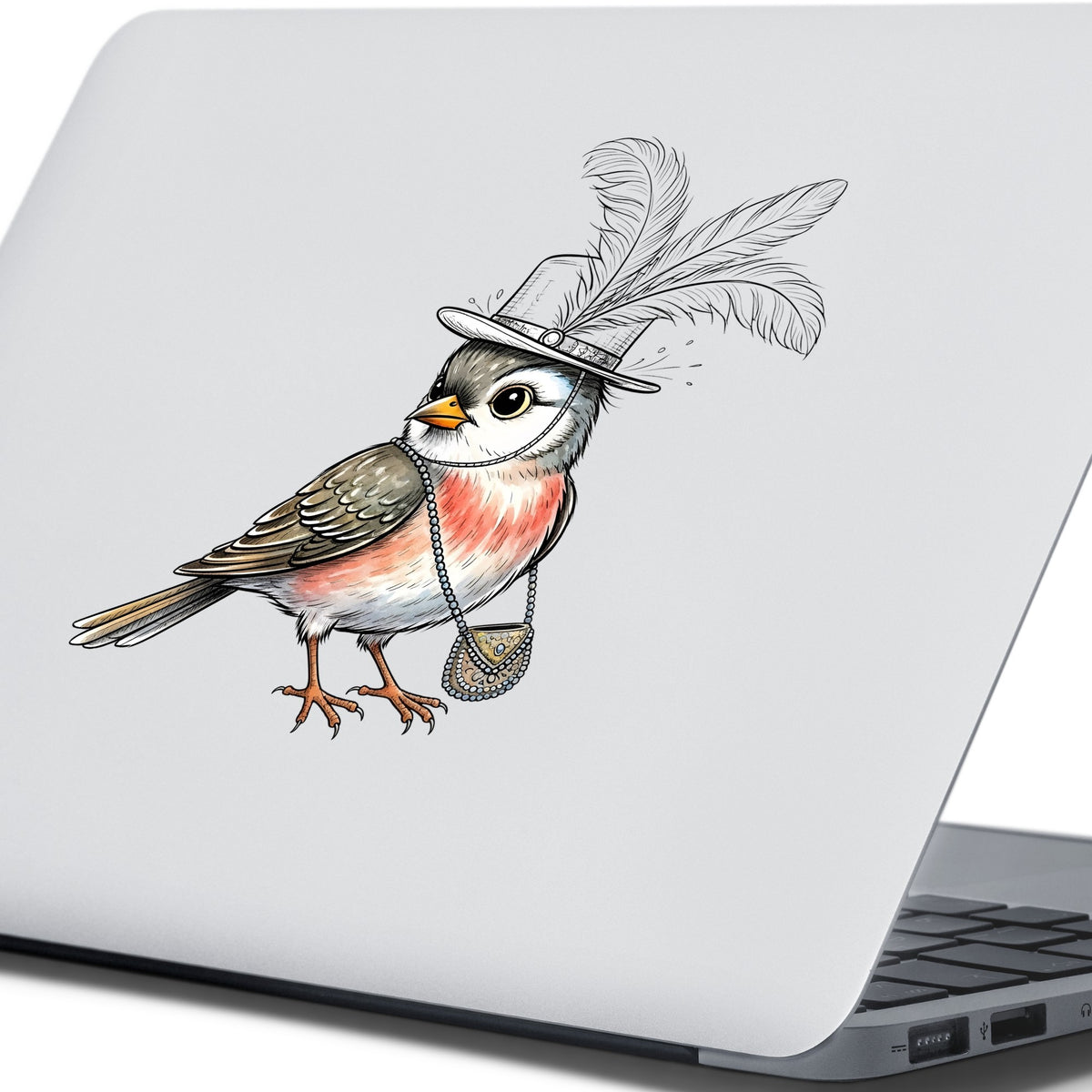 Fancy Bird Feather Hat Purse UV DTF sticker applied to the lid of a silver laptop