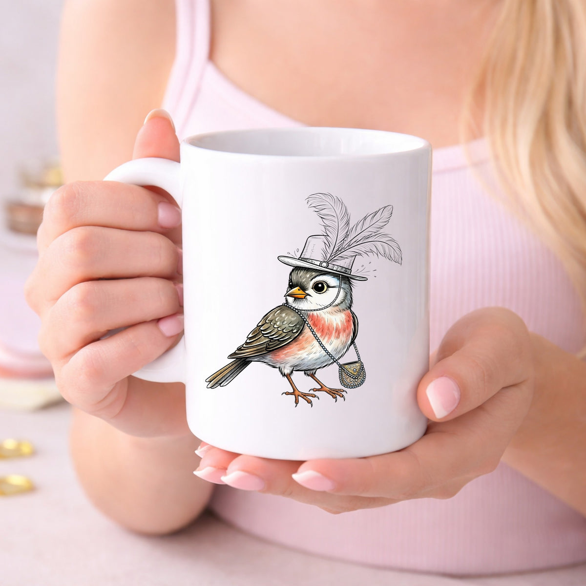 Fancy Bird Feather Hat Purse UV DTF sticker applied to a white coffee mug held in both hands