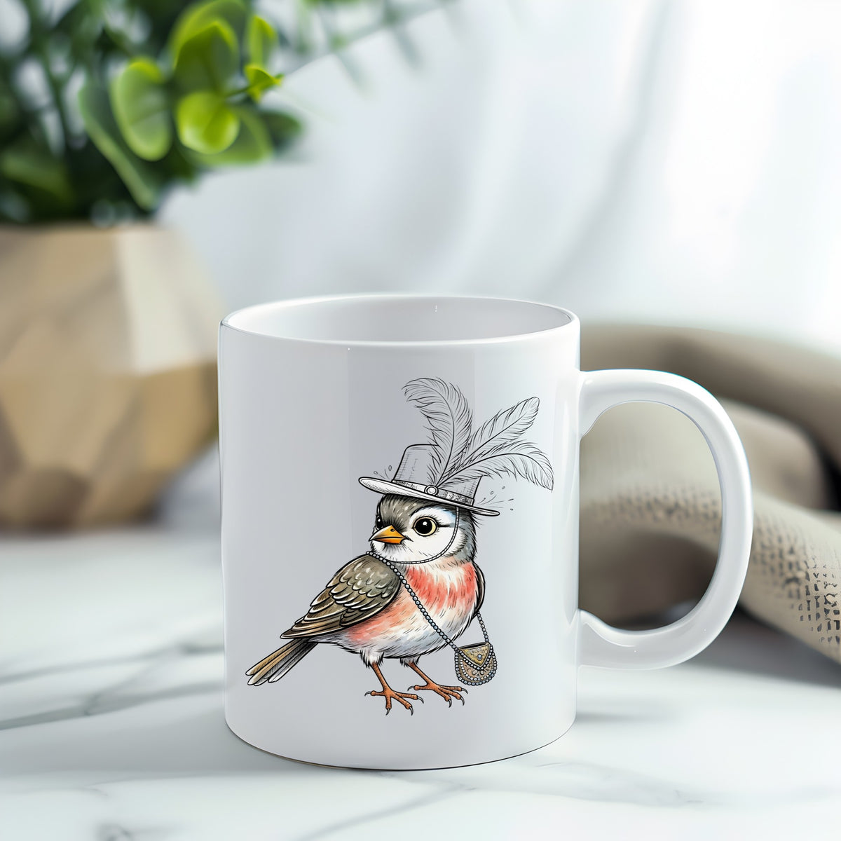 Fancy Bird Feather Hat Purse UV DTF sticker applied to a white coffee mug