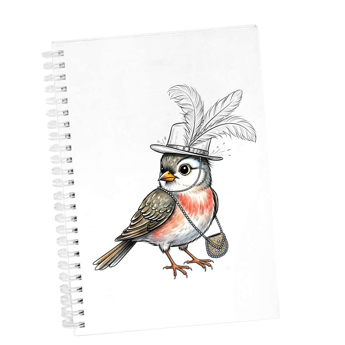 Fancy Bird Feather Hat Purse UV DTF sticker applied to the cover of a white spiral journal