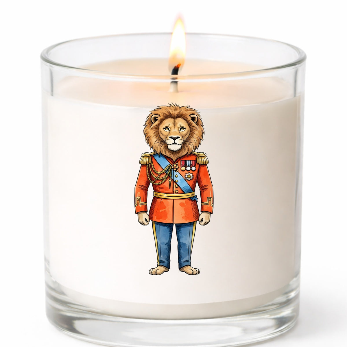 Lion Red Military Uniform UV DTF sticker applied to a white candle in a clear glass jar