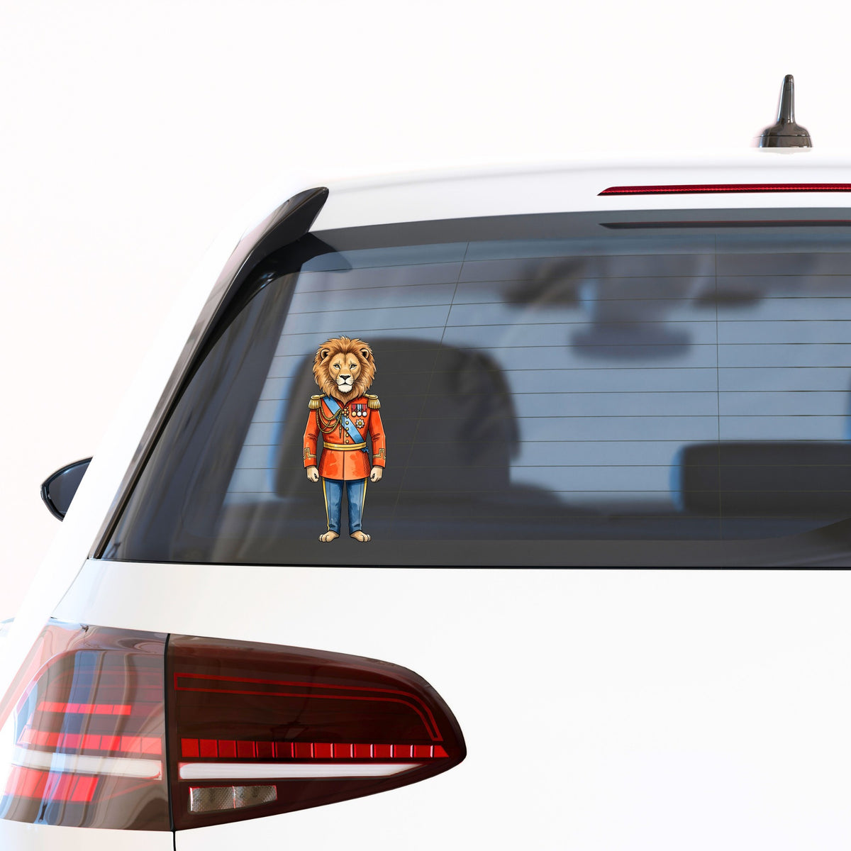 Lion Red Military Uniform UV DTF sticker applied to the rear window of a white car