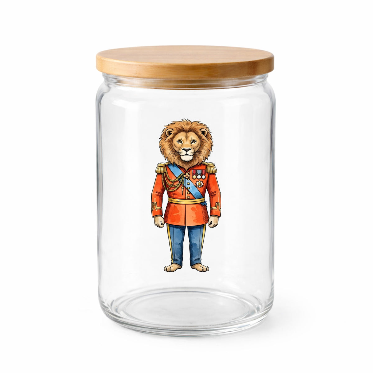 Lion Red Military Uniform UV DTF sticker applied to a clear glass jar with a wooden lid