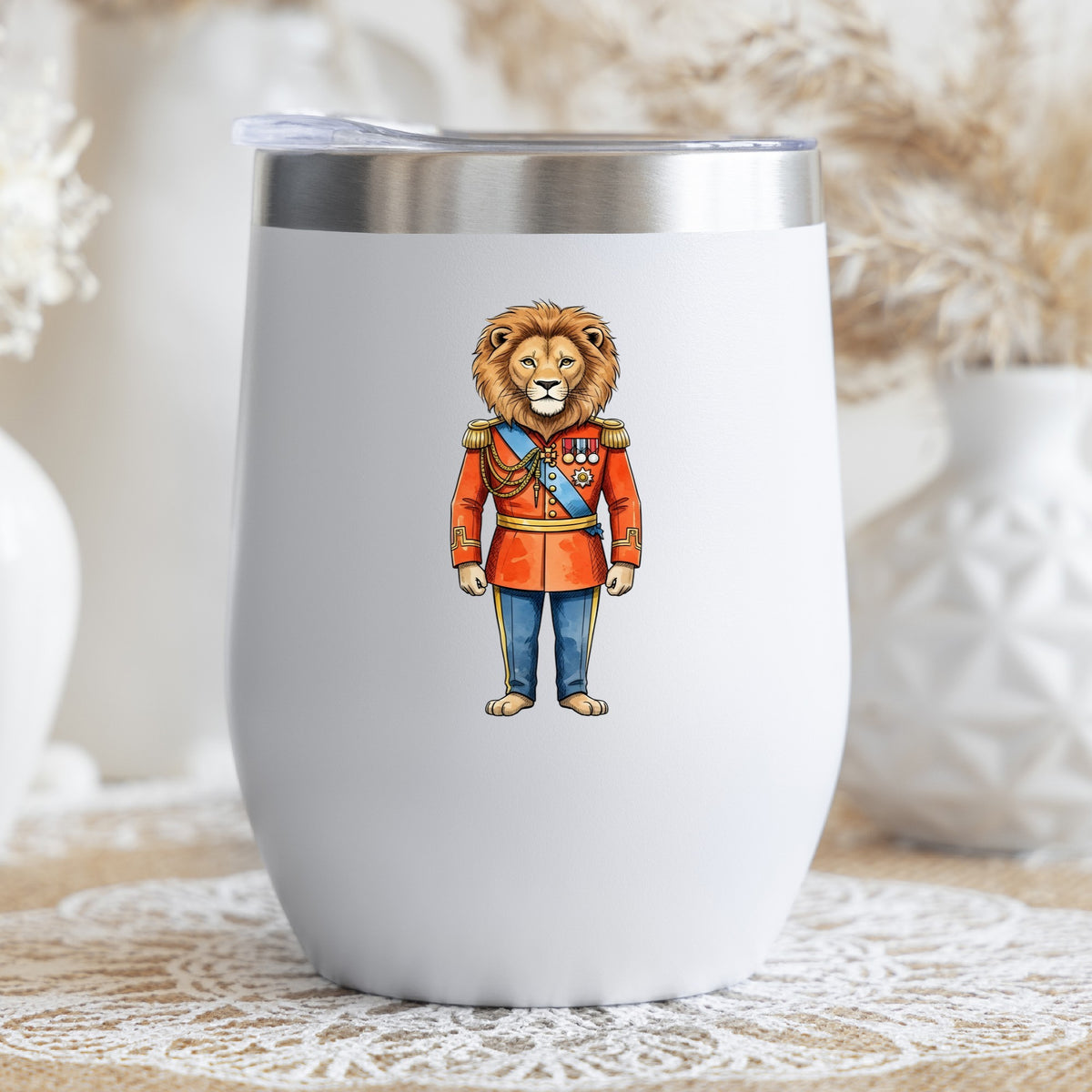 Lion Red Military Uniform UV DTF sticker applied to a white stemless tumbler with a lid