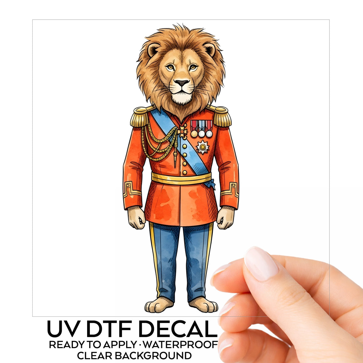 Lion Red Military Uniform UV DTF sticker on its backing card, held in hand