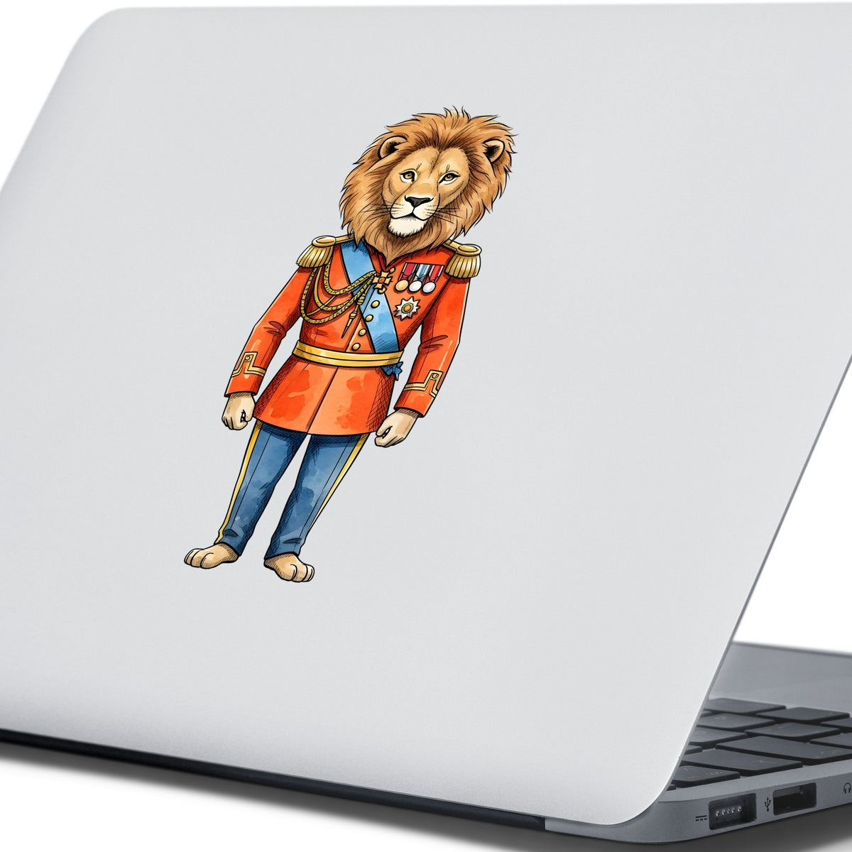 Lion Red Military Uniform UV DTF sticker applied to the lid of a silver laptop