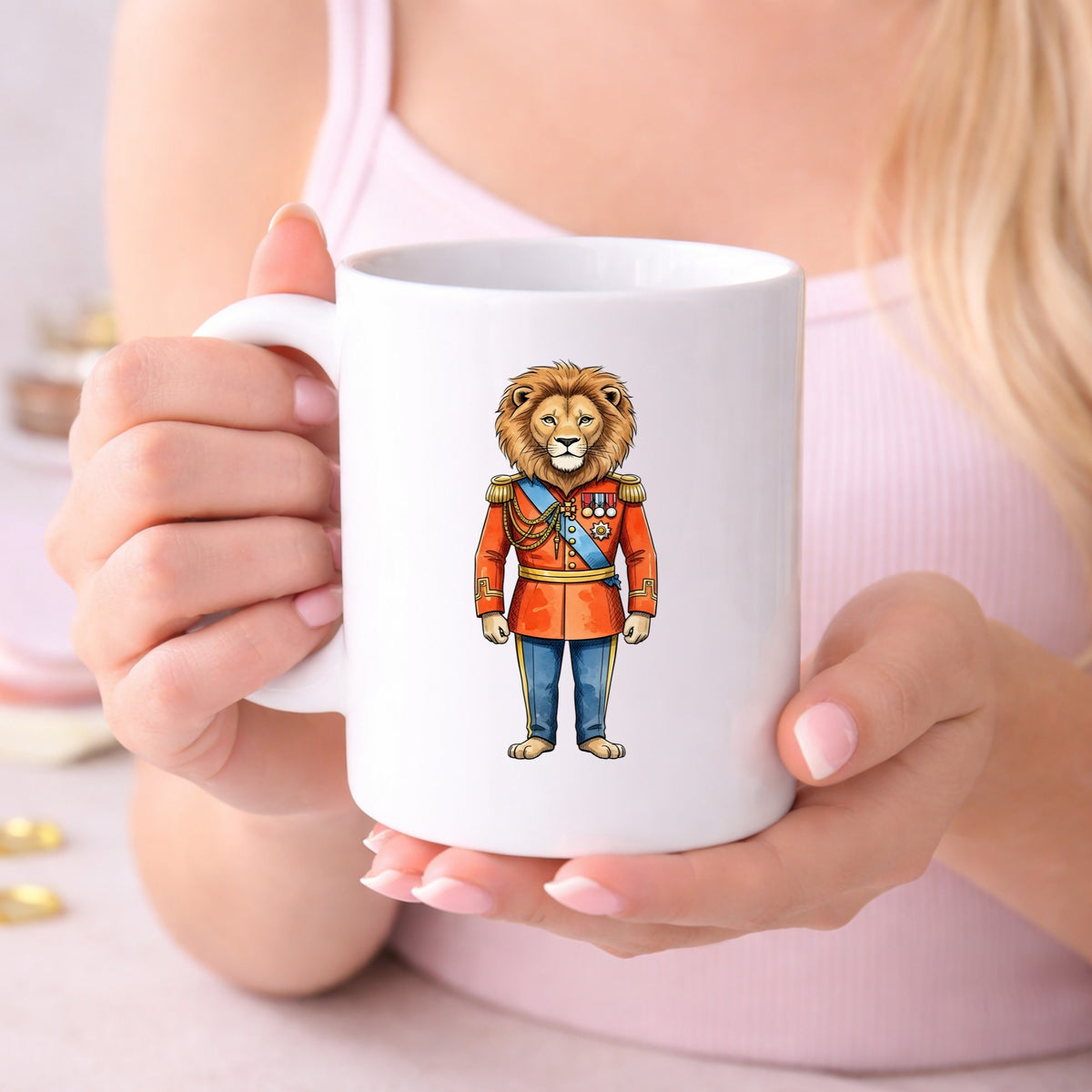 Lion Red Military Uniform UV DTF sticker applied to a white coffee mug held in both hands