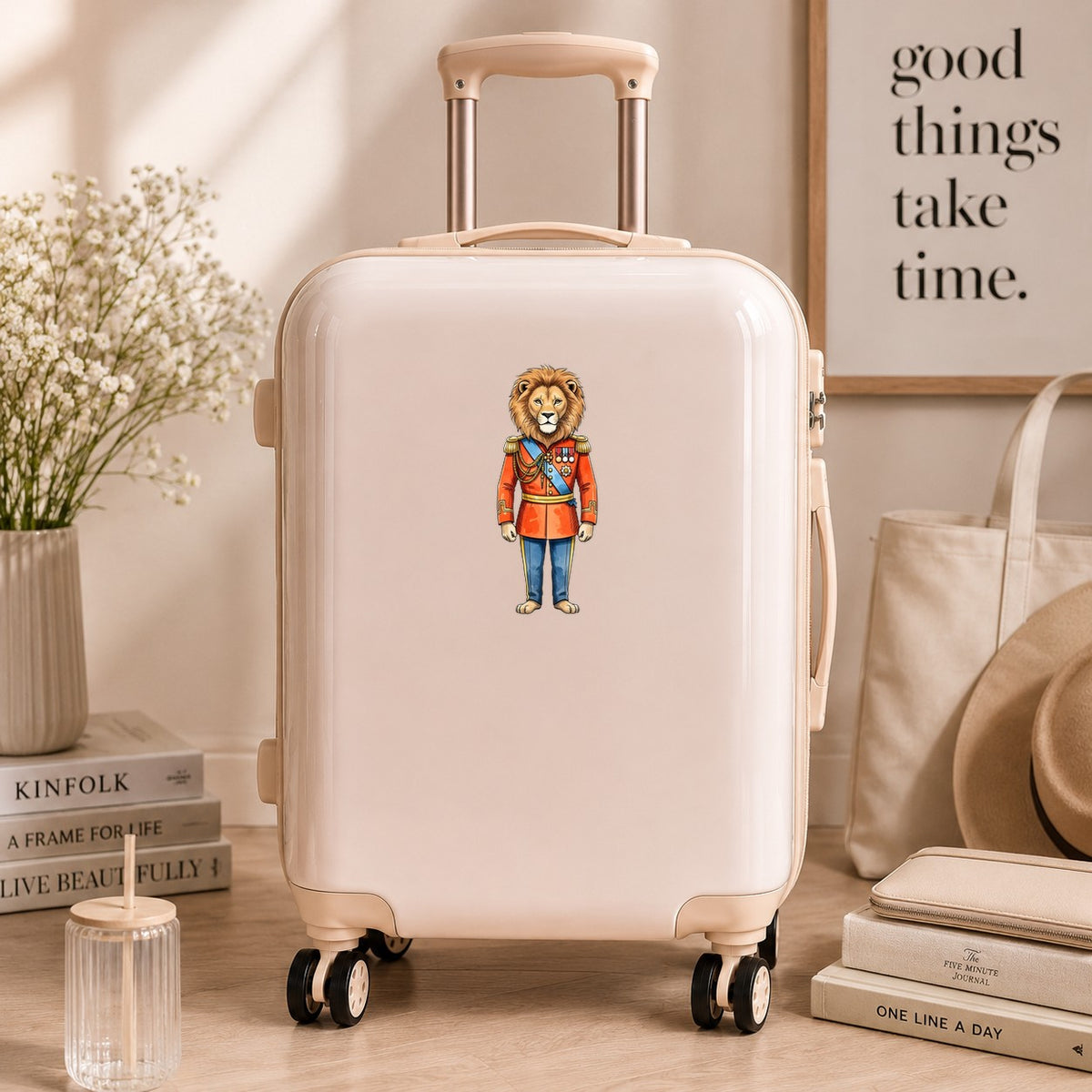 Lion Red Military Uniform UV DTF sticker applied to a cream carry-on suitcase