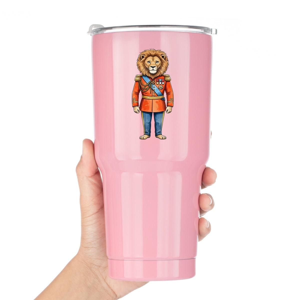 Lion Red Military Uniform UV DTF sticker applied to a pink tumbler held against a white background