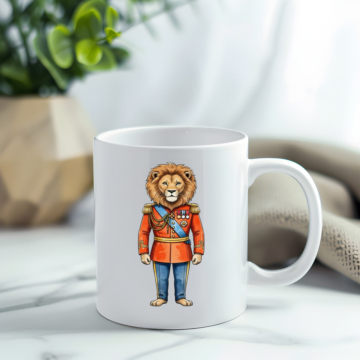 Lion Red Military Uniform UV DTF sticker applied to a white coffee mug