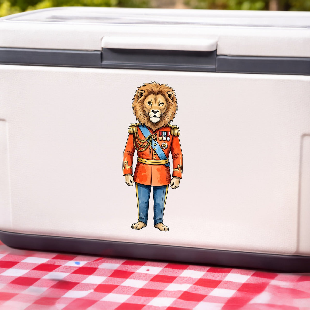 Lion Red Military Uniform UV DTF sticker applied to a white cooler on a red gingham cloth