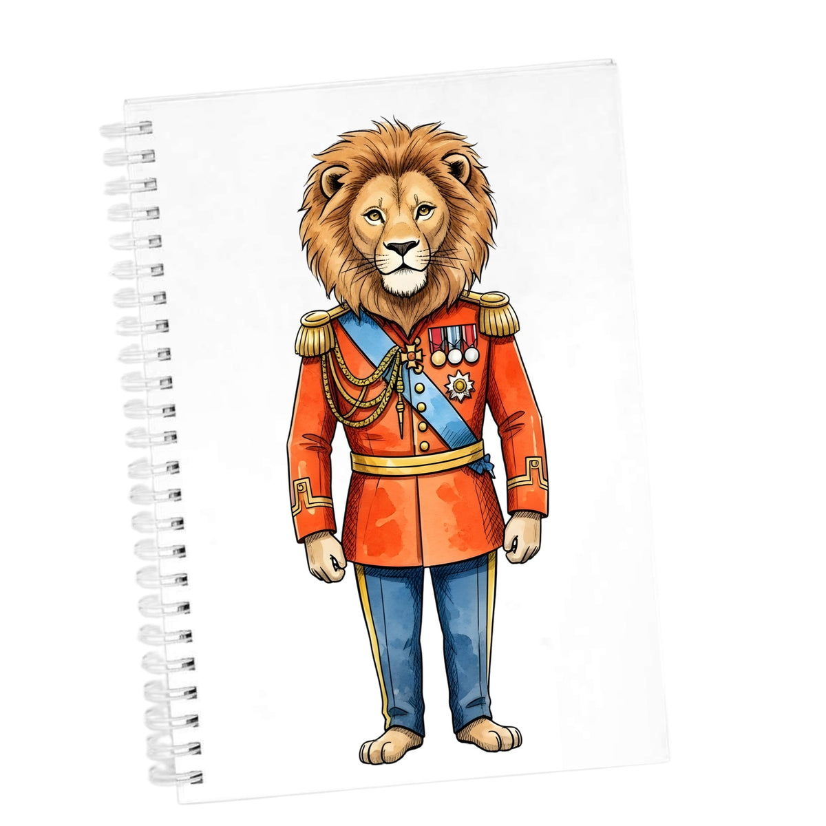 Lion Red Military Uniform UV DTF sticker applied to the cover of a white spiral journal